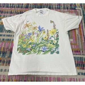 Vintage 1992 Joyce Reed Wild Flowers Print T Shirt Sz. XL Botanical Nature STAIN